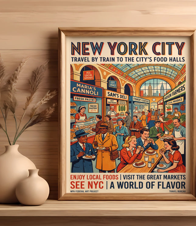 New York City travel poster showing food halls, shops, and people eating.