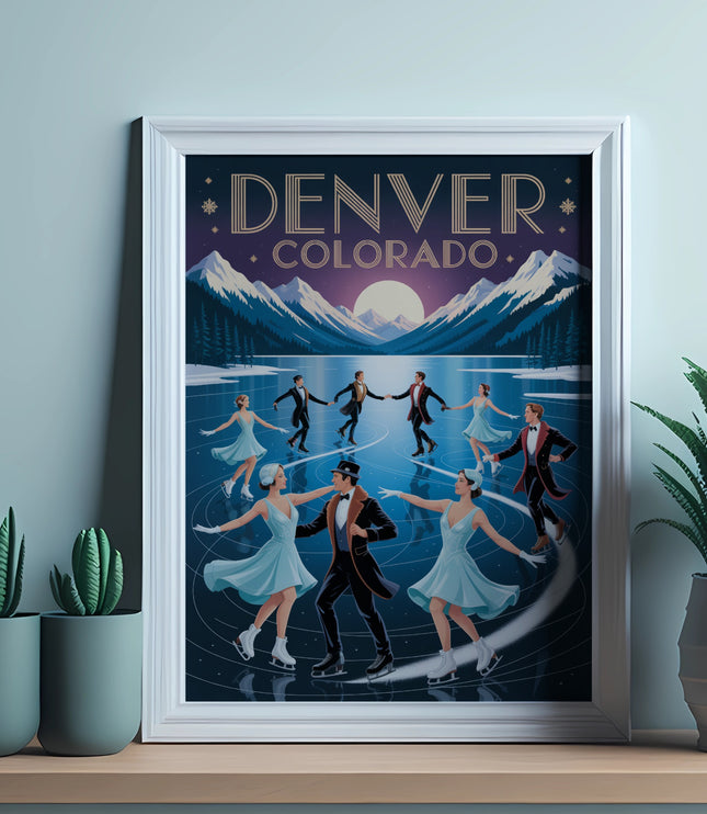 Ice skaters dancing on a frozen lake with Denver, Colorado mountains in background.