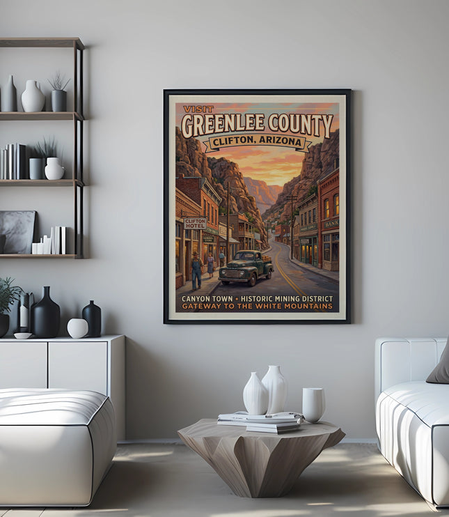 Vintage travel poster of Greenlee County depicting Clifton, Arizona canyon town with vintage truck.