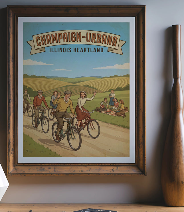 Vintage poster with cyclists and picnickers in rural Champaign-Urbana, Illinois.