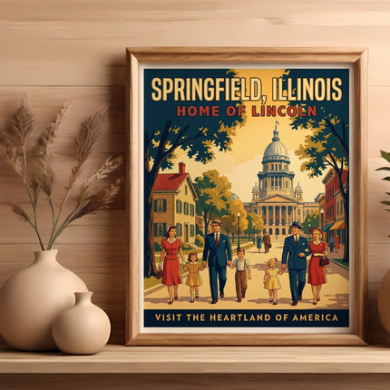 Vintage poster of Springfield, Illinois, showing the Lincoln Home and people walking.