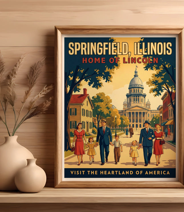 Vintage poster of Springfield, Illinois, showing the Lincoln Home and people walking.