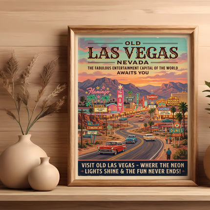 Vintage "Old Las Vegas Nevada" poster featuring casinos, hotels, and classic cars.