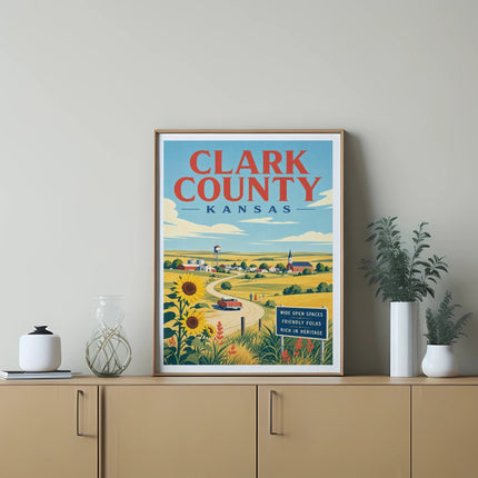 Clark County Kansas vintage travel poster with sunflowers and small town scene.