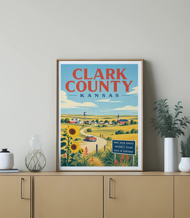 Clark County Kansas vintage travel poster with sunflowers and small town scene.