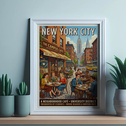New York City poster: The Campus Cafe, a bustling scene with people reading and drinking coffee.