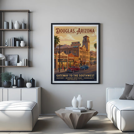 Vintage poster of Douglas, Arizona, featuring Hotel Gadsden, streets, and cars.