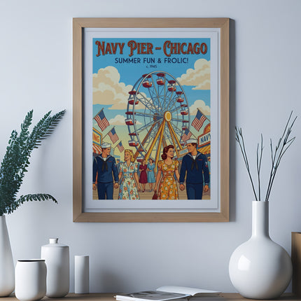 Vintage poster: Navy Pier Chicago, summer fun c. 1945, with Ferris wheel and people.