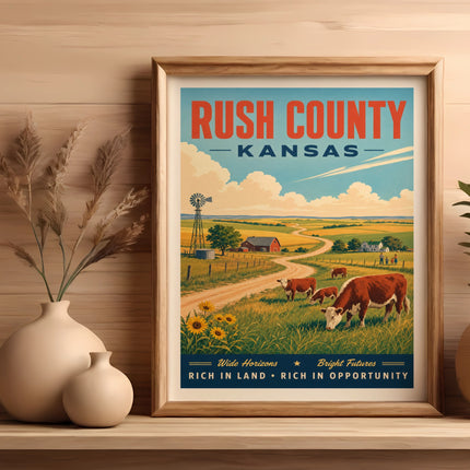 Framed poster of Rush County, Kansas landscape with cows and sunflowers.