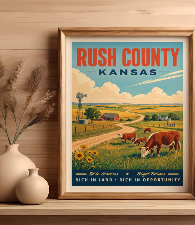 Framed poster of Rush County, Kansas landscape with cows and sunflowers.