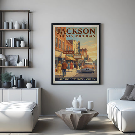 Jackson County, Michigan historic downtown charm poster with vintage street scene.
