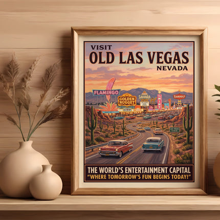 Vintage "Visit Old Las Vegas Nevada" poster with cars and casinos.