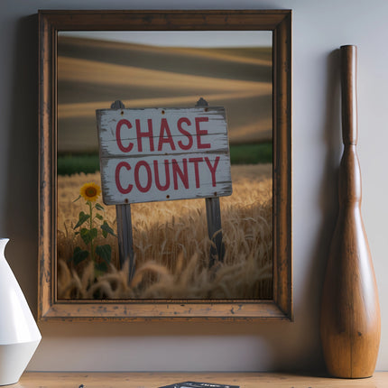 Framed artwork of a "Chase County" sign with a sunflower in a wheat field.