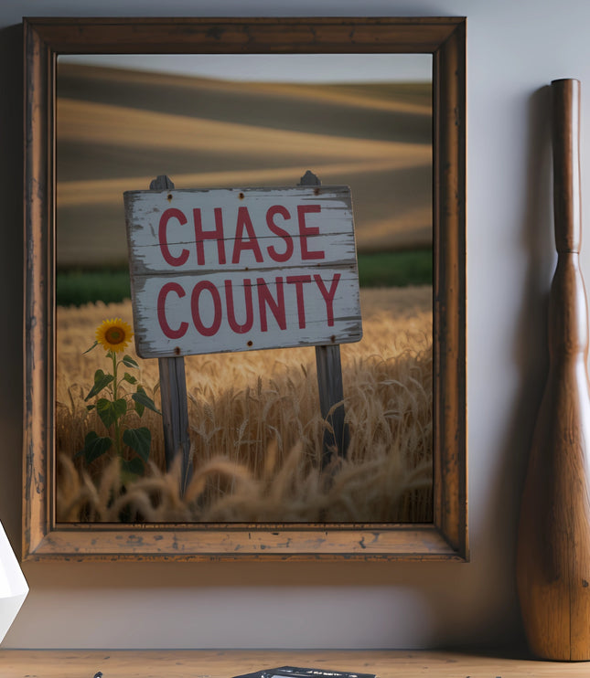 Framed artwork of a "Chase County" sign with a sunflower in a wheat field.