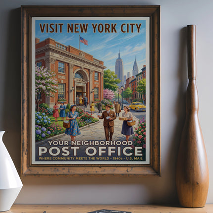 Vintage "Visit New York City" poster featuring the Washington Square Post Office.