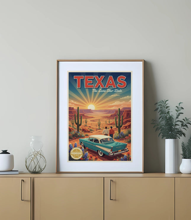 Retro Texas Lone Star State travel poster with classic car and desert landscape.