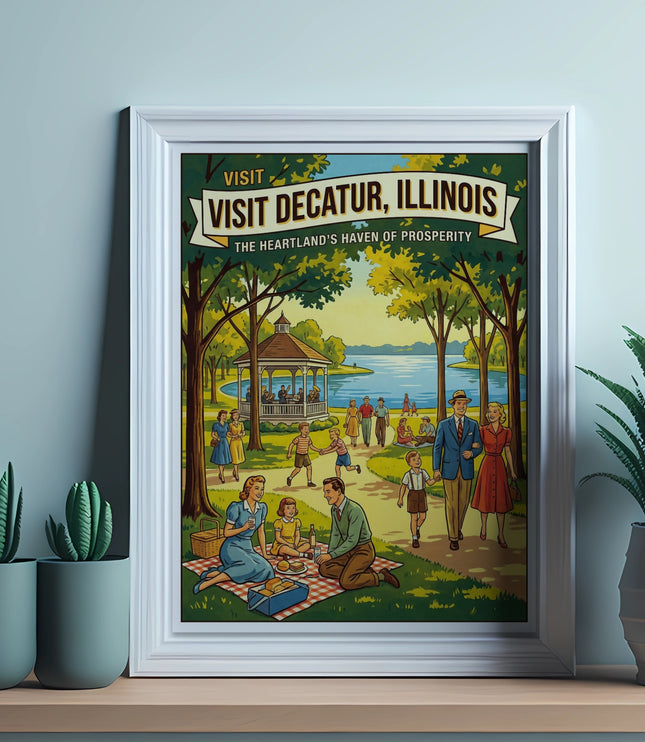 Vintage poster for Visit Decatur, Illinois, featuring a park scene with families and a lake.