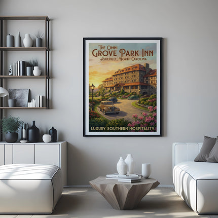 Framed print of The Omni Grove Park Inn, Asheville, North Carolina, with cars and flowers.