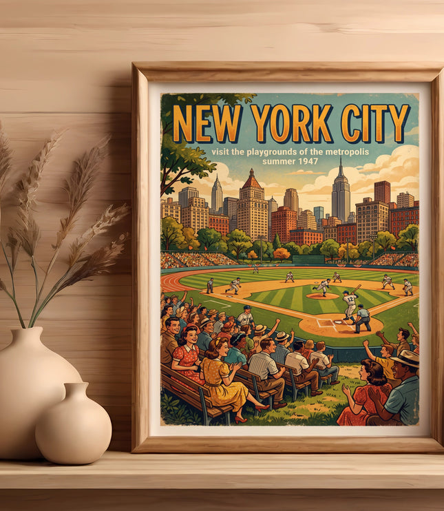 New York City baseball vintage poster, summer 1947, showing a game and crowds.