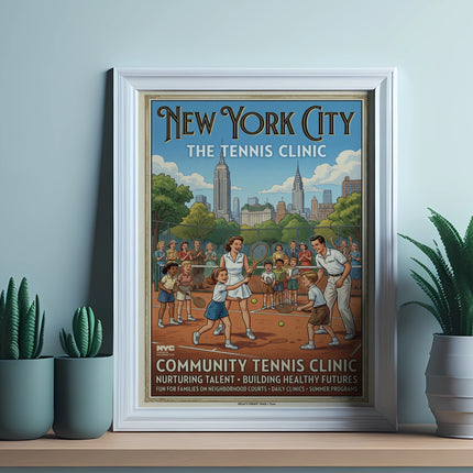 Vintage New York City Tennis Clinic poster with children playing tennis.