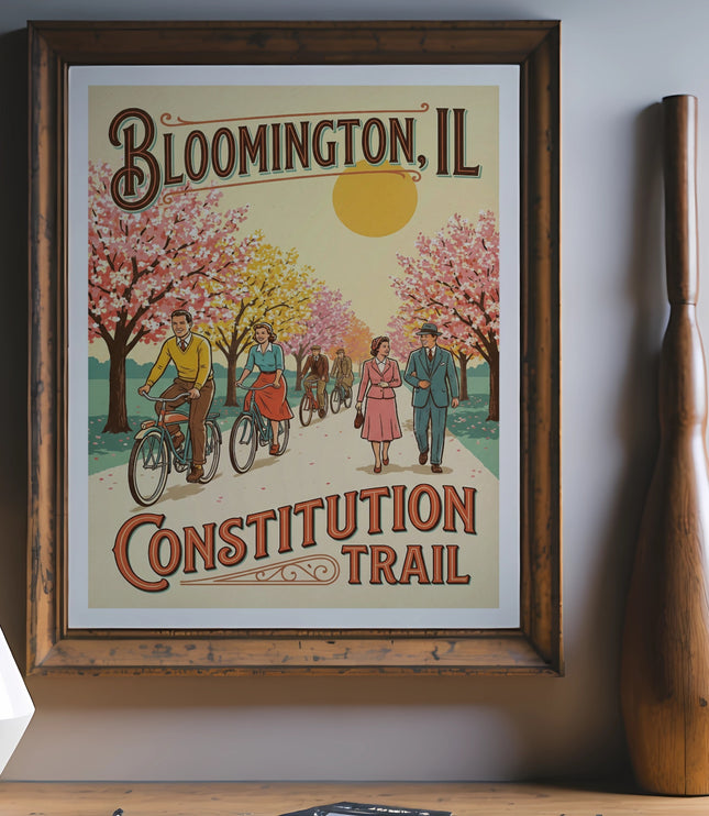 Bloomington, IL Constitution Trail vintage poster with people biking and walking.