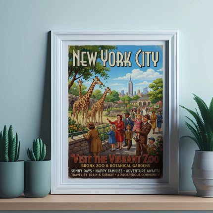 Vintage New York City poster for Bronx Zoo featuring giraffes and people.