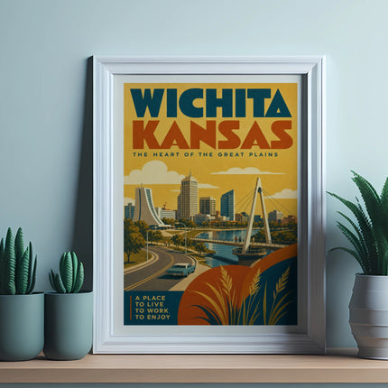 Wichita Kansas poster with city skyline and text "The Heart of the Great Plains."