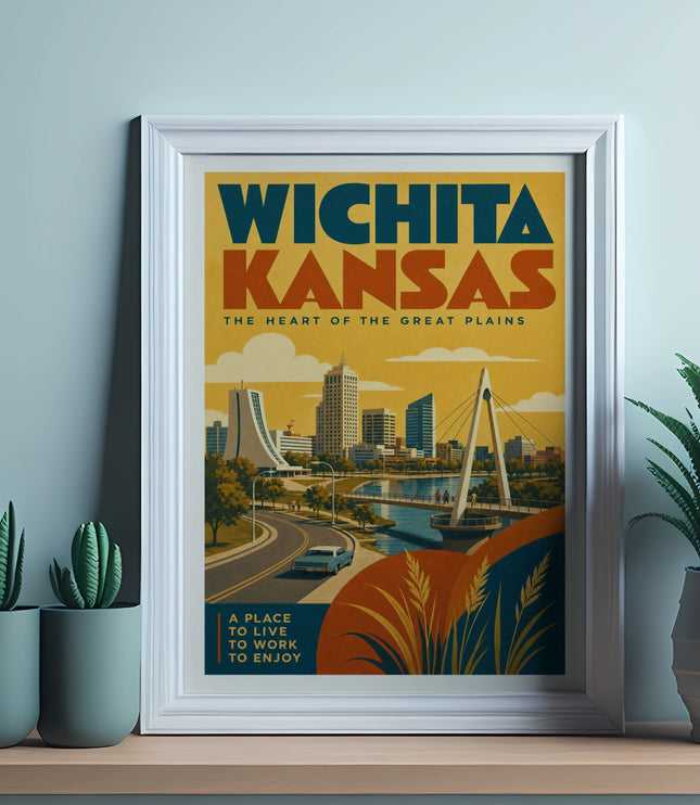 Wichita Kansas poster with city skyline and text "The Heart of the Great Plains."