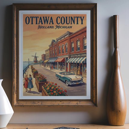 Vintage poster: Ottawa County, Holland, Michigan, with a classic car and windmill scene.