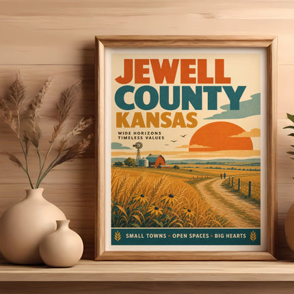 Framed poster with "Jewell County Kansas" text, farm scene, and sunset.