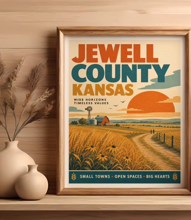 Framed poster with "Jewell County Kansas" text, farm scene, and sunset.