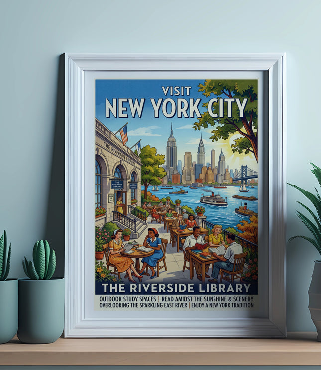 Vintage style poster of "Visit New York City" Riverside Library with people reading outside.