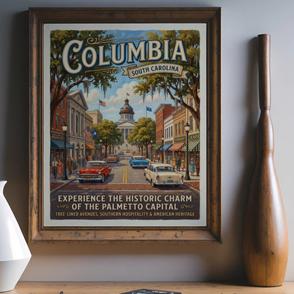 Vintage Columbia, South Carolina travel poster with retro cars and buildings.