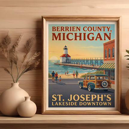 Berrien County, Michigan, St. Joseph's Lakeside Downtown vintage travel poster.