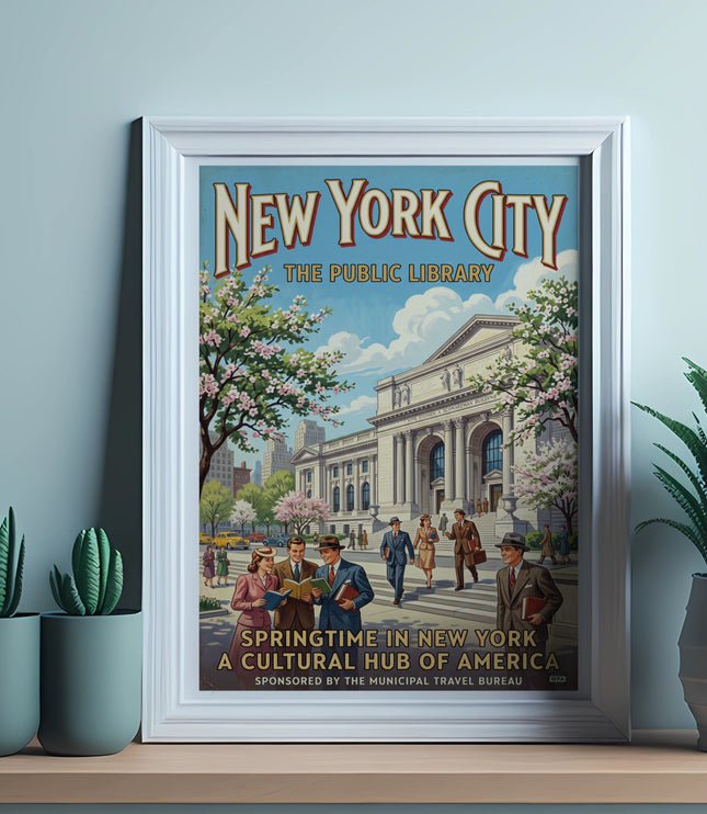 New York City poster featuring the Public Library in springtime, with people and text.