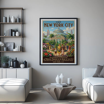 Vintage New York City Botanical Conservatory travel poster with families.
