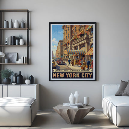 Vintage New York City Plaza Hotel travel poster with architectural details and people.