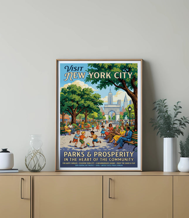 Illustrated poster of New York City with people enjoying a park, "Visit New York City" text.
