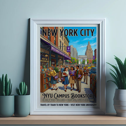 Poster for NYU Campus Bookstore featuring street scene and people.
