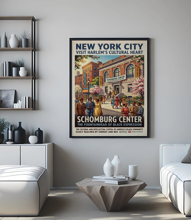 Vintage New York City poster of Schomburg Center, Harlem's cultural heart.