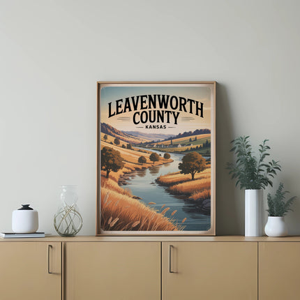Leavenworth County Kansas landscape with river and trees in framed art.