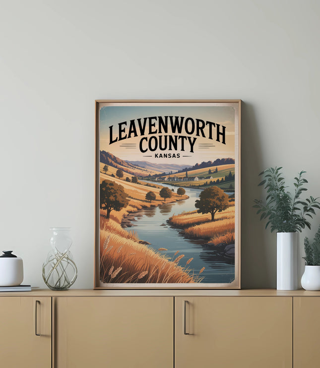 Leavenworth County Kansas landscape with river and trees in framed art.