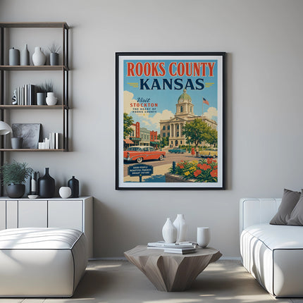 Rooks County Kansas vintage travel poster featuring Stockton, with cars and buildings.
