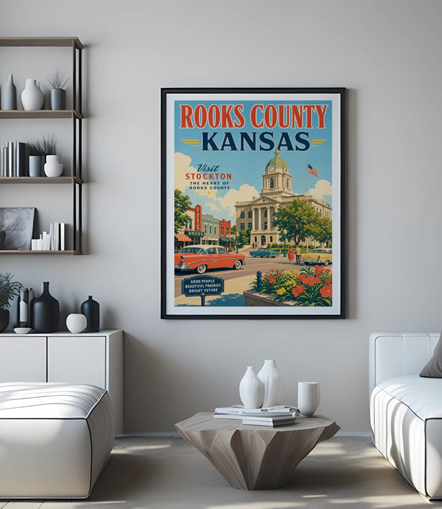 Rooks County Kansas vintage travel poster featuring Stockton, with cars and buildings.
