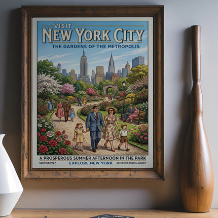 Vintage New York City park poster featuring a family, skyscrapers, and gardens.