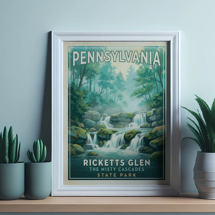 Framed print of Ricketts Glen State Park waterfalls and misty forest.