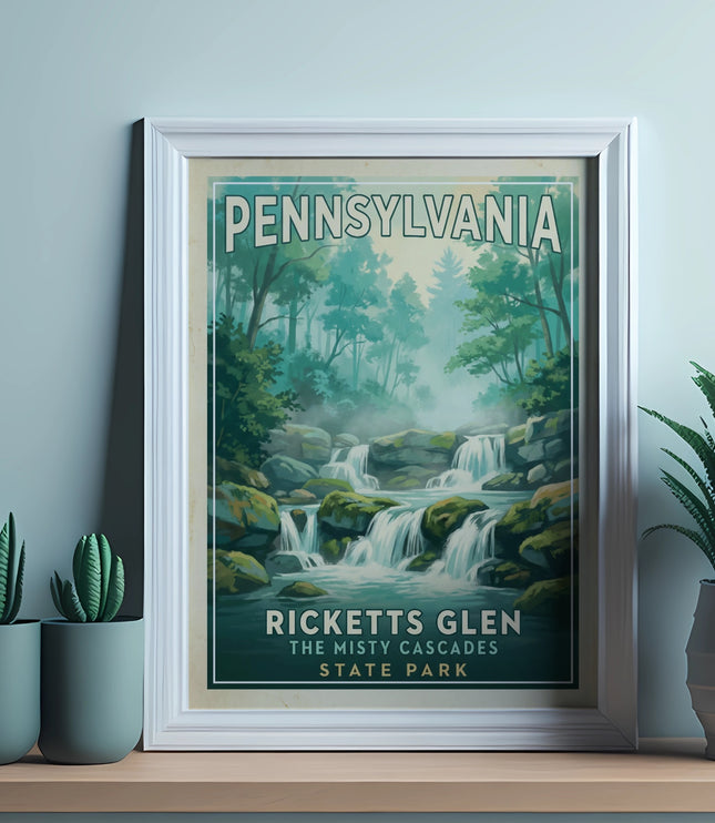 Framed print of Ricketts Glen State Park waterfalls and misty forest.