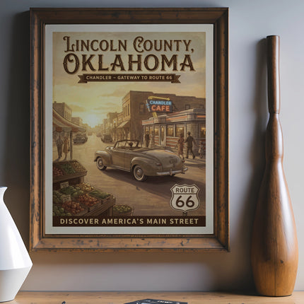 Lincoln County, Oklahoma retro poster featuring Chandler Cafe and Route 66.