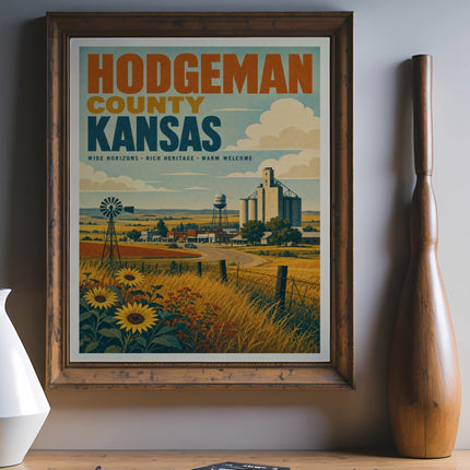 Hodgeman County Kansas vintage travel poster with sunflowers and grain elevators.