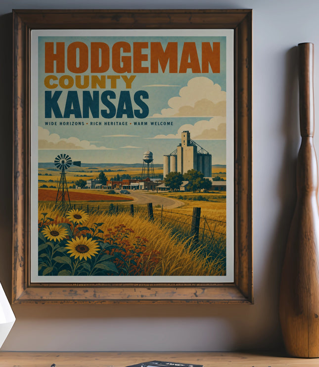 Hodgeman County Kansas vintage travel poster with sunflowers and grain elevators.
